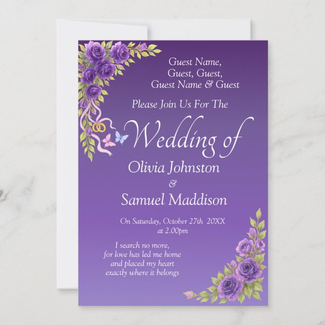 Guest Names, Purple Mauve Flowers & White Wedding  Invitation (Front)