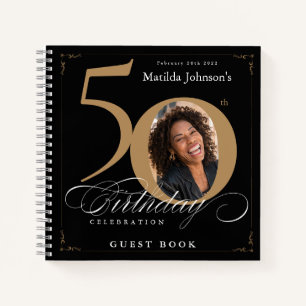 Guestbook 50th Birthday Black Gold Calligraphy Notebook