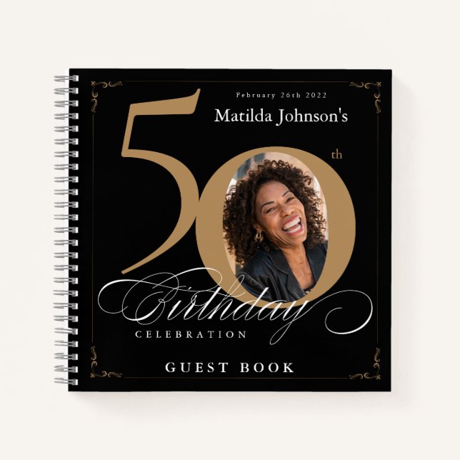Guestbook 50th Birthday Black Gold Calligraphy  Notebook (Front)