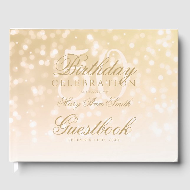 Guestbook 50th Birthday Gold Bokeh Sparkle Lights (Front)