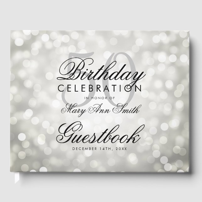 Guestbook 50th Birthday Party Silver Glitter Light (Front)