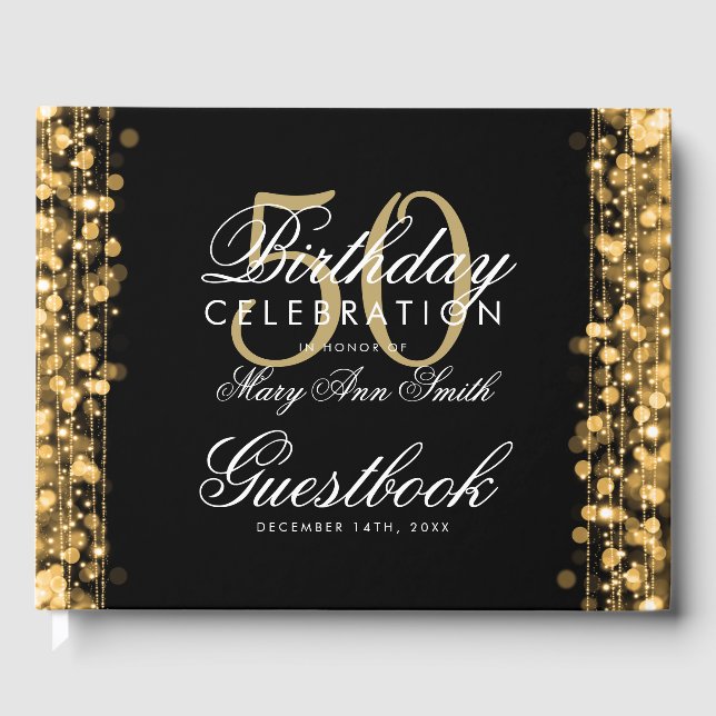 Guestbook 50th Birthday Party Sparkles Gold (Front)