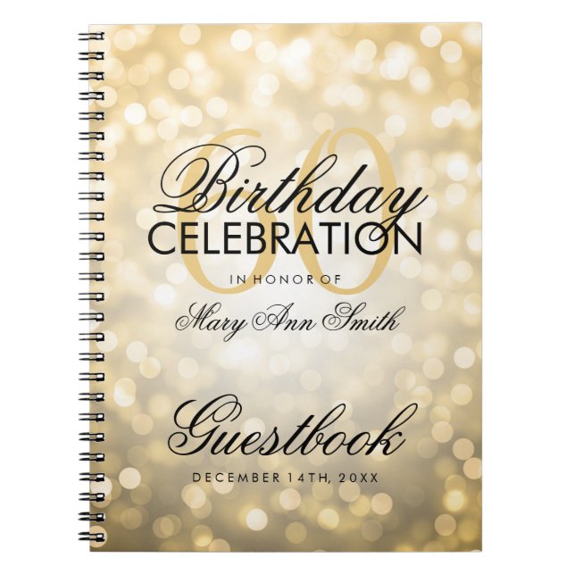 Guestbook 60th Birthday Party Gold Glitter Light Notebook (Front)
