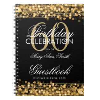 Guestbook 60th Birthday Party Sparkles Gold Spiral Notebook