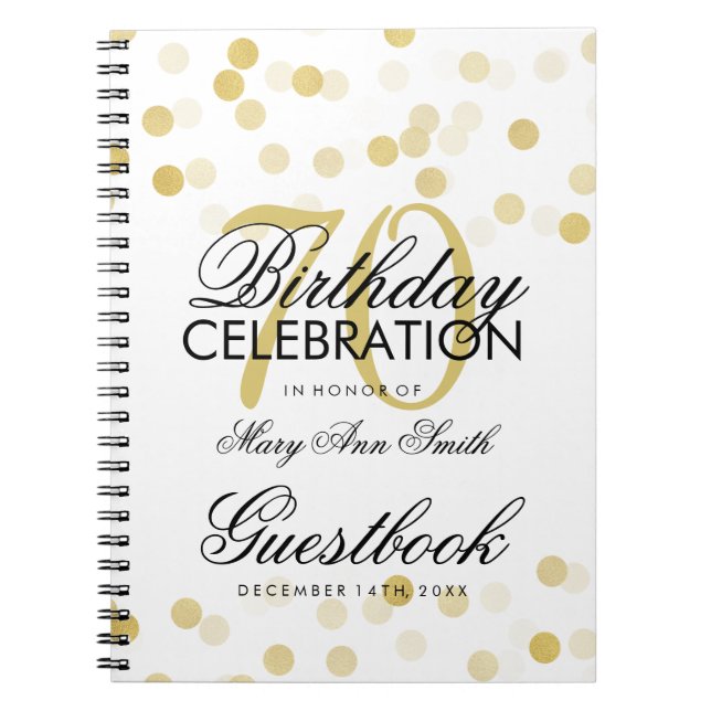 Guestbook 70th Birthday Gold Foil Glitter Lights Notebook (Front)