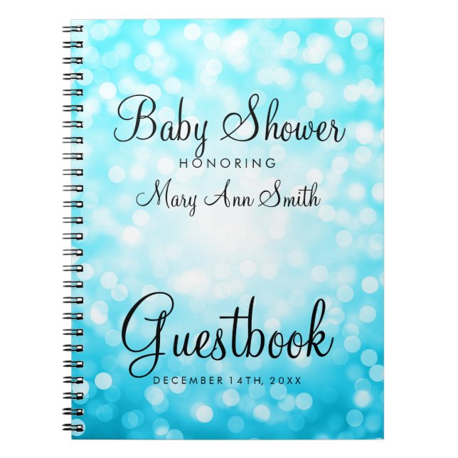 Guestbook Baby Shower Turquoise Glitter Lights Notebook (Front)