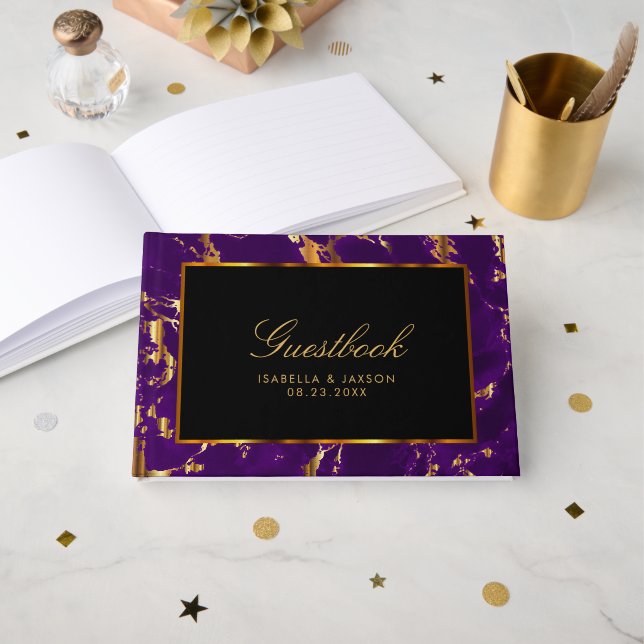 Guestbook - Black, Gold and Purple Marble (Front Open)