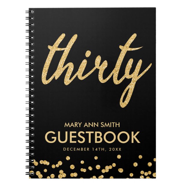 Guestbook Gold Black "Thirty" 30 Birthday Glitter Notebook (Front)