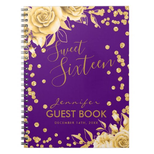Guestbook Gold Purple Sweet 16 Glitter Floral Notebook