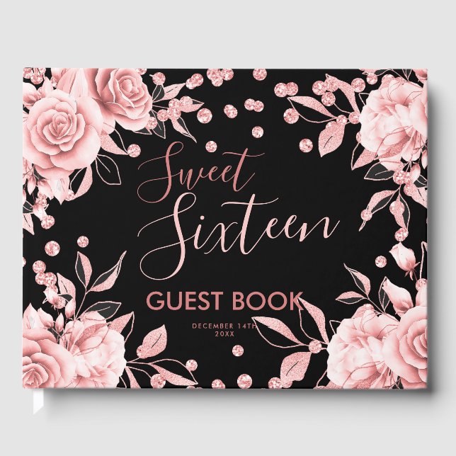 Guestbook Rose Gold Black Sweet 16 Glitter Confett (Front)