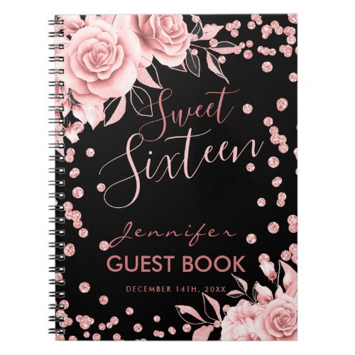 Guestbook Rose Gold Black Sweet 16 Glitter Floral Notebook