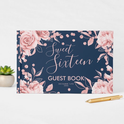 Guestbook Rose Gold Navy Sweet 16 Glitter Confett