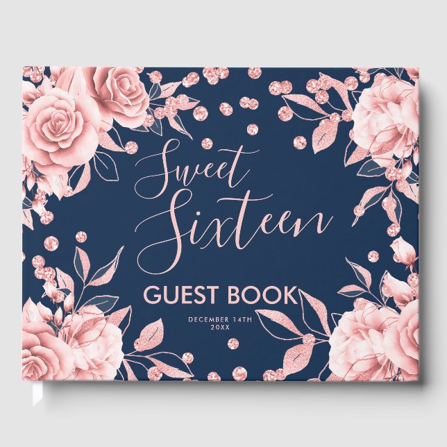 Guestbook Rose Gold Navy Sweet 16 Glitter Confett (Front)