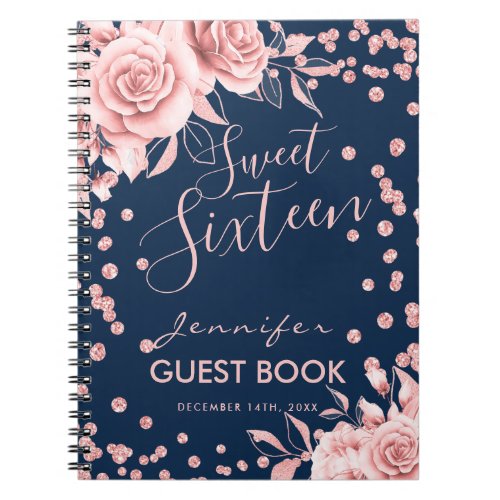 Guestbook Rose Gold Navy Sweet 16 Glitter Floral Notebook