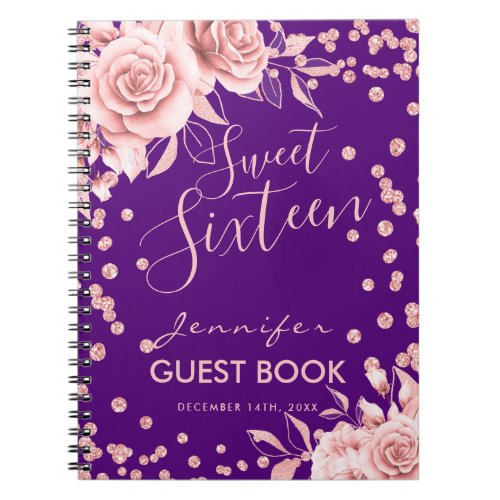 Guestbook Rose Gold Purple Sweet 16 Glitter Floral Notebook