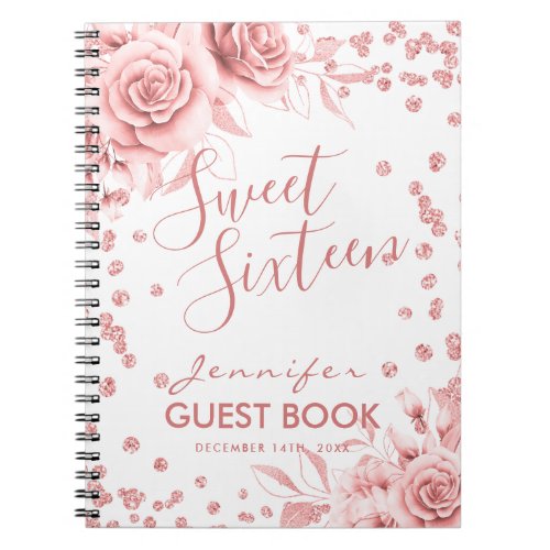 Guestbook Rose Gold Sweet 16 Glitter Floral Notebook