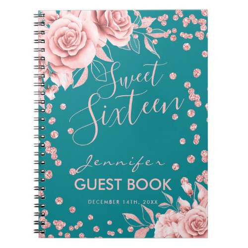 Guestbook Rose Gold Teal Sweet 16 Glitter Floral Notebook