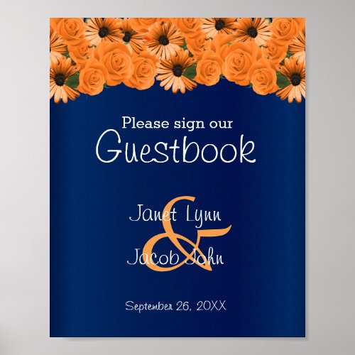 Guestbook Sign Beautiful Orange Rose  Navy Blue 