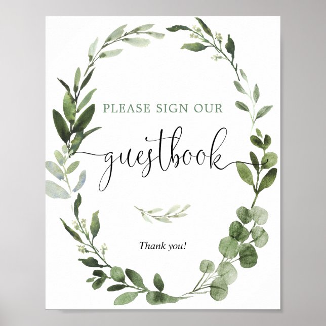 Guestbook sign greenery wreath baby shower sign (Front)