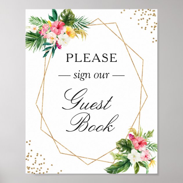 Guestbook Sign Tropical Floral Leaves Gold Frame