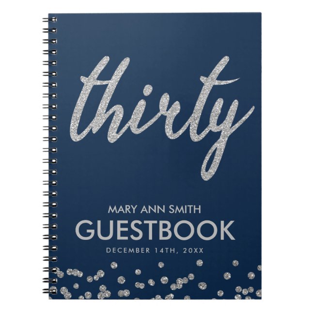 Guestbook Silver Navy Thirty 30 Birthday Glitter Notebook (Front)