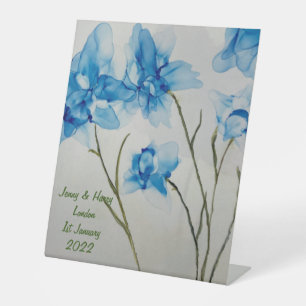 Guestbook Wedding Blue Flowers Hand Fan Pedestal Sign