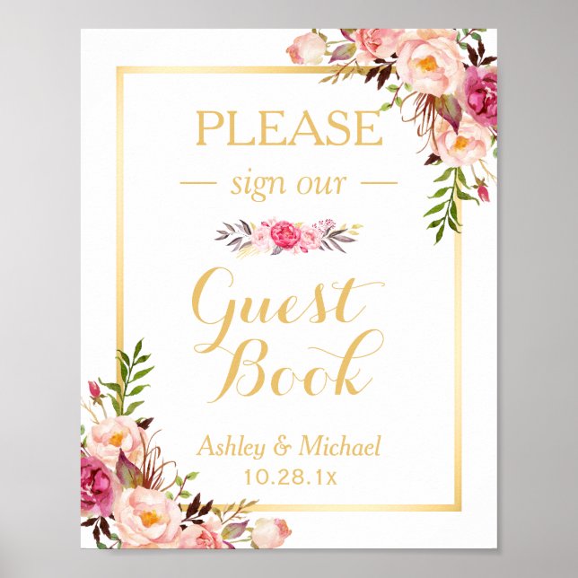 Guestbook Wedding Sign | Elegant Chic Floral Gold (Front)