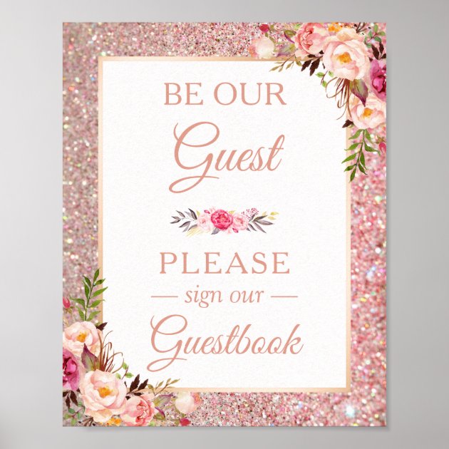 Guestbook Wedding Sign Rose Gold Glitter Floral