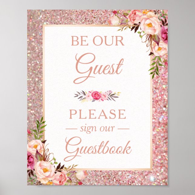 Guestbook Wedding Sign Rose Gold Glitter Floral (Front)