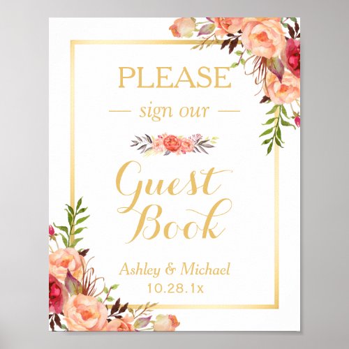 Guestbook Wedding Sign  Rustic Gold Orange Floral