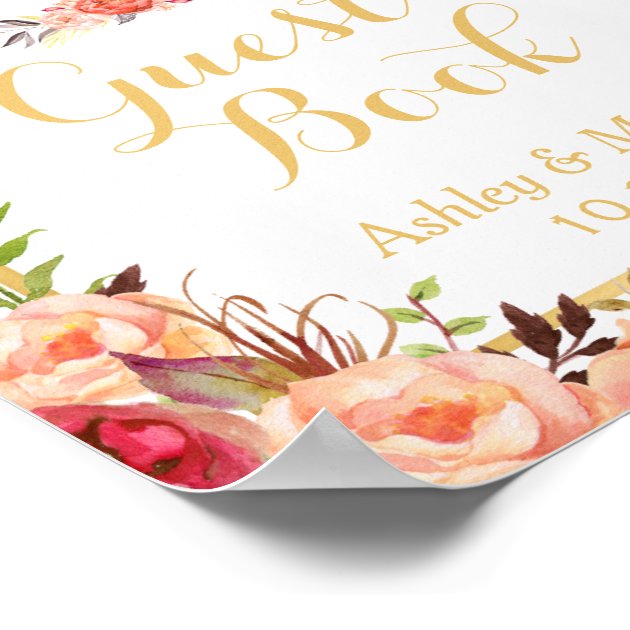 Guestbook Wedding Sign | Rustic Gold Orange Floral Poster