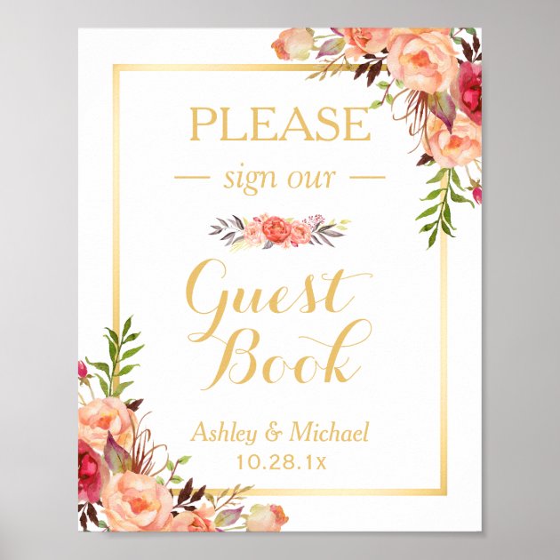 Guestbook Wedding Sign | Rustic Gold Orange Floral Poster