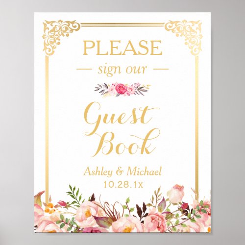 Guestbook Wedding Sign  Vintage Gold Frame Floral
