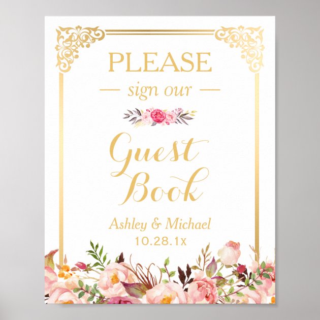 Guestbook Wedding Sign | Vintage Gold Frame Floral