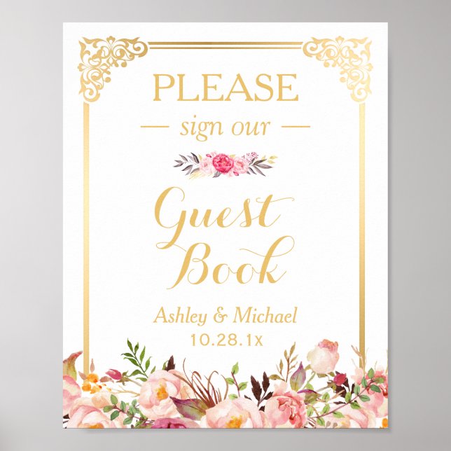 Guestbook Wedding Sign | Vintage Gold Frame Floral (Front)