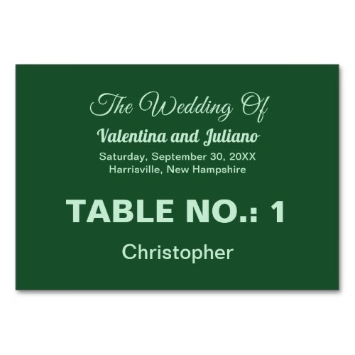 Guests Name on Monochrome Emerald Green Wedding Table Number