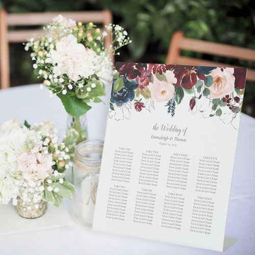 Guests Seating Chart Navy Blue and Burgundy Floral Pedestal Sign