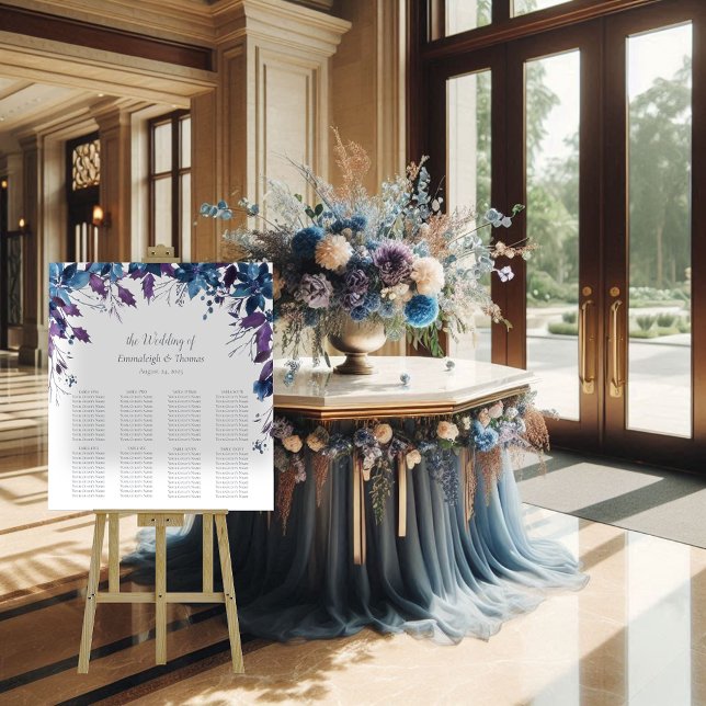 Guests Seating Chart Poinsettia Floral Moody Blue Pedestal Sign (Creator Uploaded)