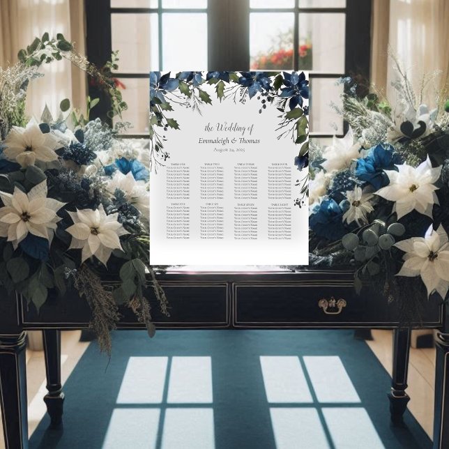 Guests Seating Chart Poinsettia Floral Navy Blue Pedestal Sign (Creator Uploaded)