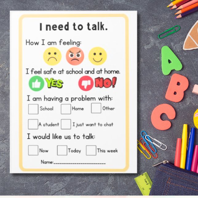 Guidance counselor request form primary non-reader notepad (Primary counseling request self-referral for early reader identifying feelings, indicating safety)