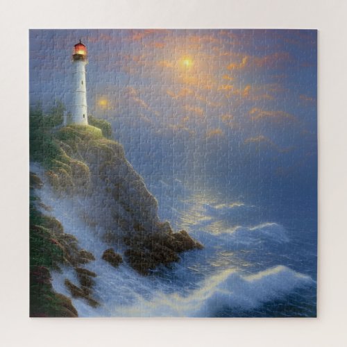 Guiding Light Cliff Lighthouse Digital Art  Jigsaw Puzzle