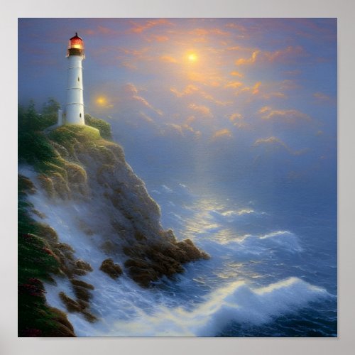 Guiding Light Cliff Lighthouse Digital Art Poster