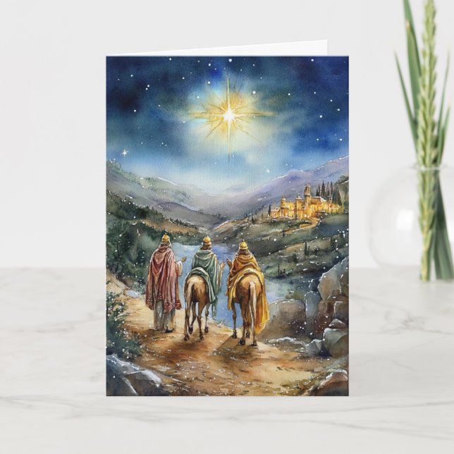 Guiding Star and Kings in Watercolor Nativity Art Card (Front)