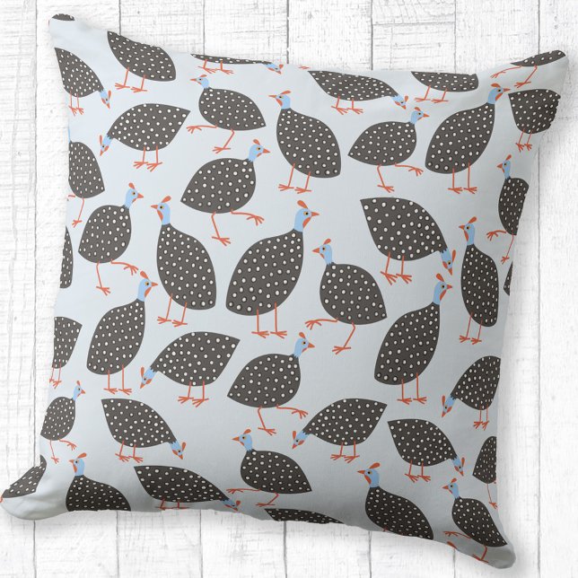 Guinea Fowl Cute Blue Throw Pillow (Guinea fowl pattern fun throw pillow for bird lovers)