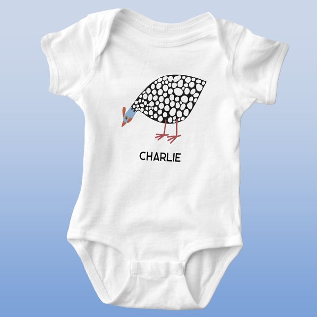 Guinea Fowl Personalized Baby Bodysuit (Fun Guineafowl personalized custom name baby bodysuit)