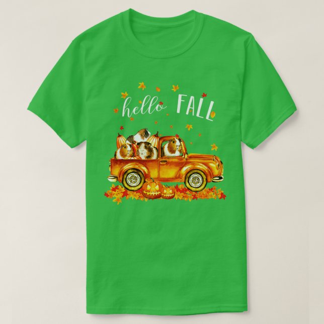 Guinea Hello Fall Guineas in Car Pumpkin Happy Hal T-Shirt (Design Front)