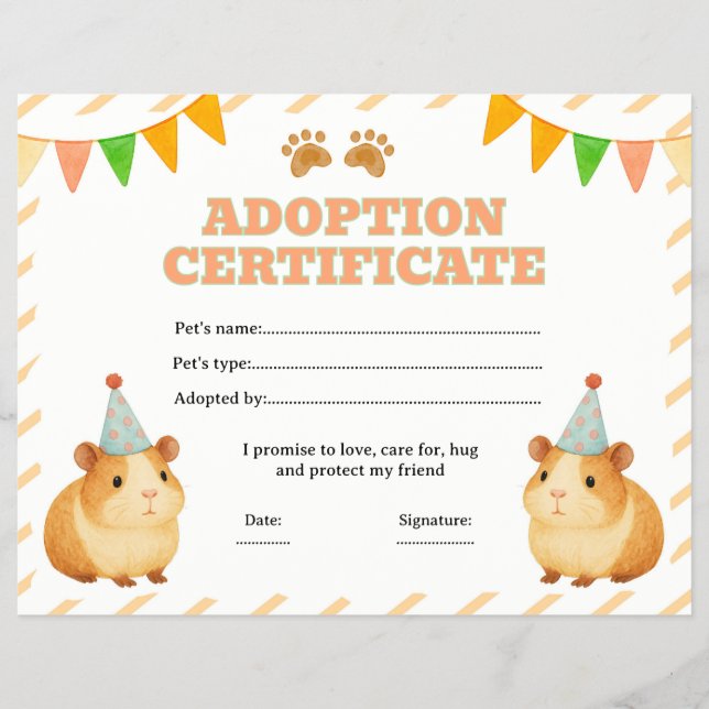 Guinea pig adopt a pet certificate editable flyer (Front)