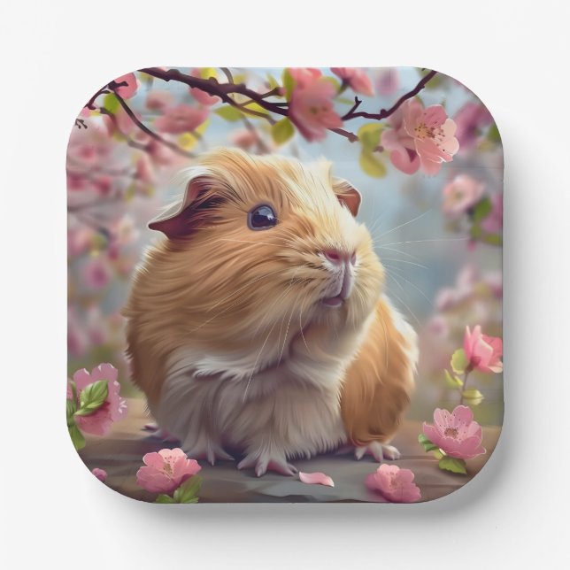 Guinea Pig Amidst Spring Blossoms Paper Plates (Front)