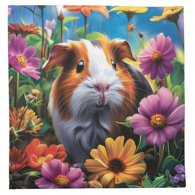 Guinea Pig Among Vibrant Flowers Cloth Napkin (Front)