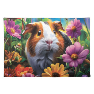 Guinea Pig Among Vibrant Flowers Cloth Placemat